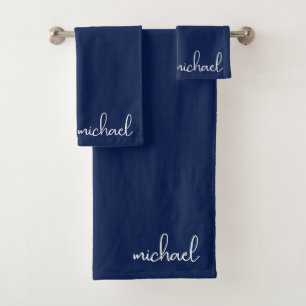 Minimalistisches personalisiertes Marineblau Badhandtuch Set