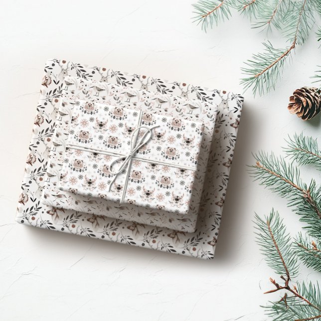 Minimalistisches Pink & Graues Weihnachtsmuster Geschenkpapier Set (Minimalist Pink & Gray Christmas Animal Pattern Wrapping Paper Sheets)