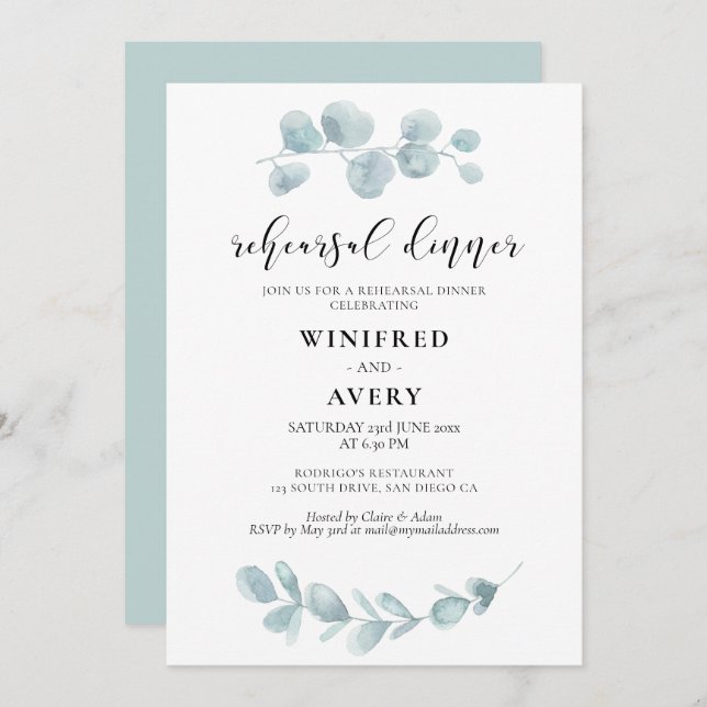 Minimalistisches Probe-Dinner im Aquarell Einladung (Vorne/Hinten)