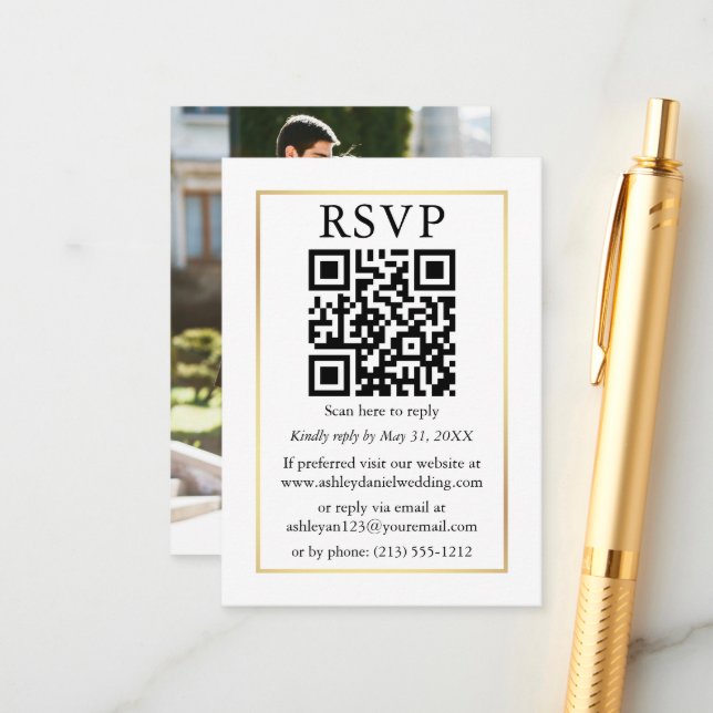 Minimalistisches QR Foto Hochzeiten Gold Frame UAW Begleitkarte (Vorderseite/Rückseite Beispiel)