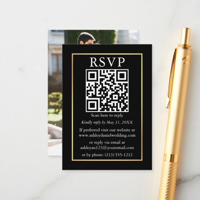 Minimalistisches QR Foto Wedding Gold Black UAWG Begleitkarte (Vorderseite/Rückseite Beispiel)