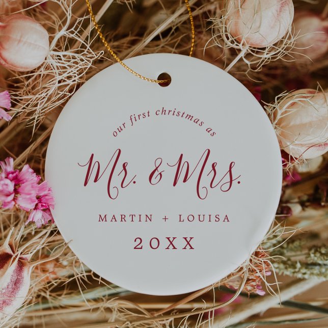 Minimalistisches Red First Christmas Wedding Foto Keramik Ornament (Von Creator hochgeladen)