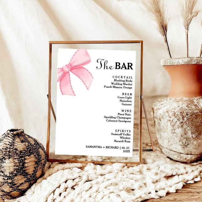Minimalistisches rosa Bow Wedding Drinks Bar Menu Poster (Von Creator hochgeladen)