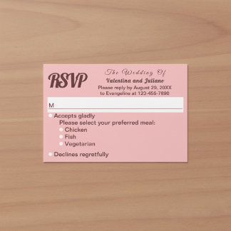 Minimalistisches Rosa mit dunkelrotem Text Hochzei RSVP Karte