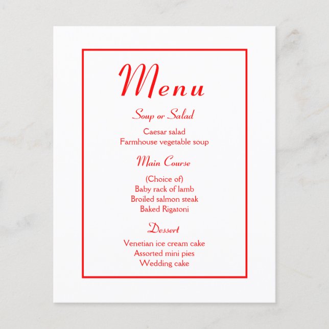 Minimalistisches rotes modernes Hochzeitsmenü (Vorderseite)