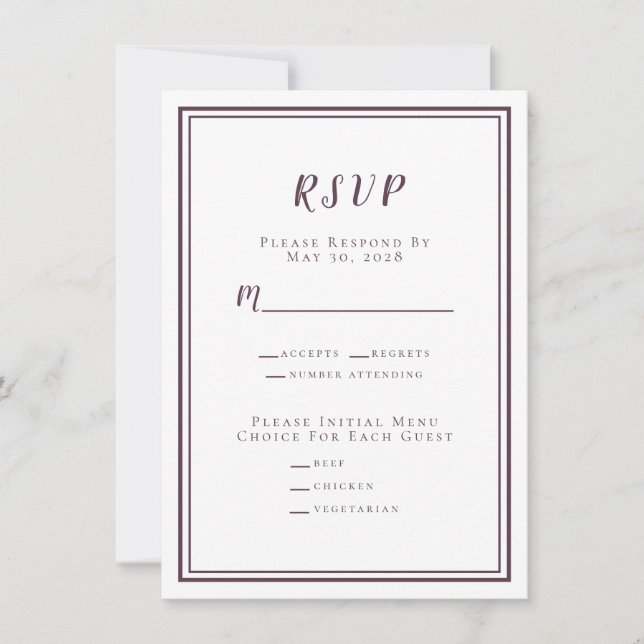 Minimalistisches RSVP-Menü für Hochzeiten Lila wei (Vorderseite)