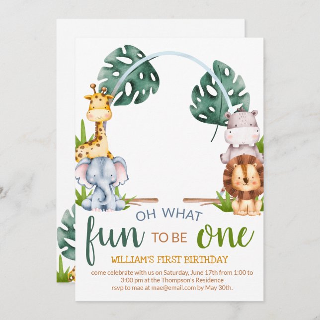 Minimalistisches Safari Animal Theme Foto Geburtst Einladung (Vorne/Hinten)