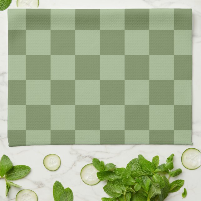Minimalistisches Salbeigrün-Schachbrettmuster Geschirrtuch (Gefaltet)
