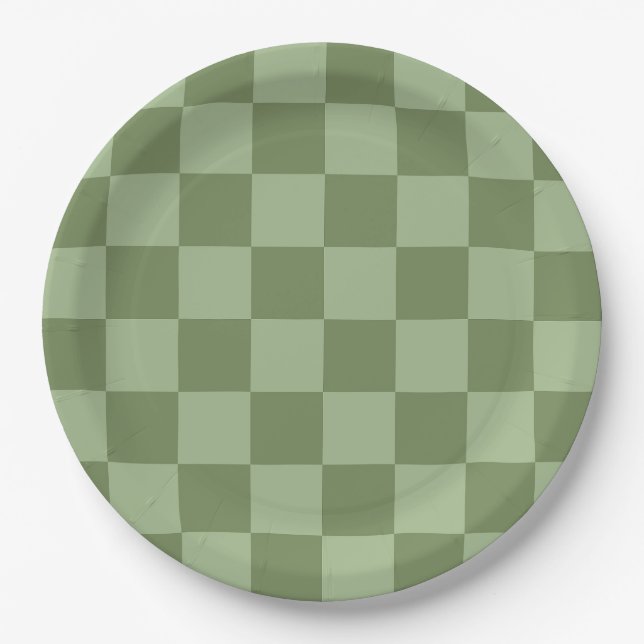 Minimalistisches Salbeigrün-Schachbrettmuster Pappteller (Vorderseite)