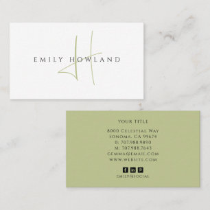 Minimalistisches Salbeigrün-Script-Monogramm-Name  Visitenkarte