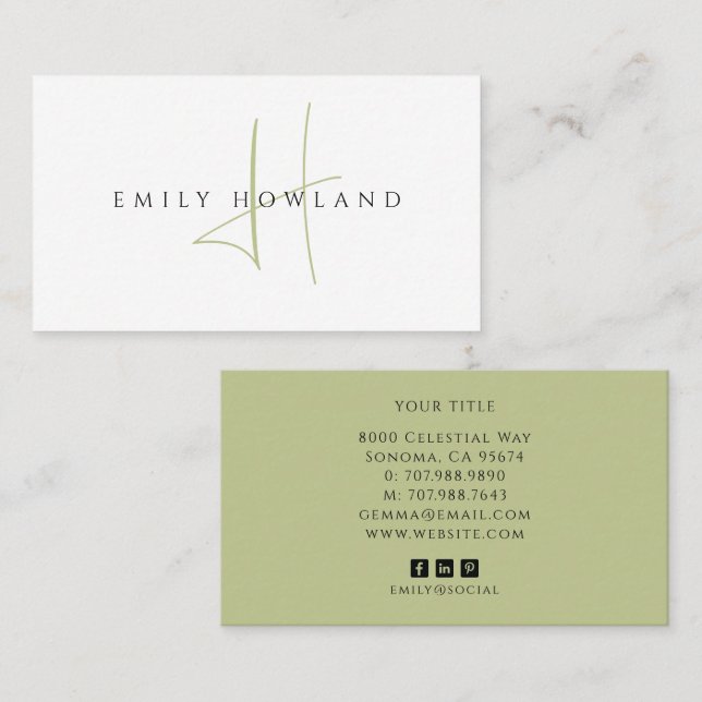 Minimalistisches Salbeigrün-Script-Monogramm-Name  Visitenkarte (Vorne/Hinten)