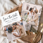 Minimalistisches Save the Date handgeschriebenes F<br><div class="desc">Modernes und elegantes handgeschriebenes Skript-Foto Save the Date Hochzeitskarte. Die Save the Date einladende Einladungskarte beinhaltet eine schicke und stilvolle Typografie mit einem einfachen und minimalistischen Design auf weißem Hintergrund,  mit dem Sie Ihre individuelle Verlobung-Fotografie hinzufügen können.</div>