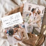 Minimalistisches Save the Date handgeschriebenes F<br><div class="desc">Modernes und elegantes handgeschriebenes Skript-Foto Save the Date Hochzeitskarte. Die Save the Date einladende Einladungskarte beinhaltet eine schicke und stilvolle Typografie mit einem einfachen und minimalistischen Design auf weißem Hintergrund,  mit dem Sie Ihre individuelle Verlobung-Fotografie hinzufügen können.</div>