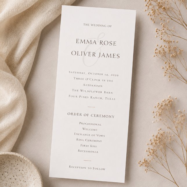Minimalistisches Schokoladenbraun Hochzeits-Servic Programm (Minimalist Cocoa Brown Service Order Wedding Program)