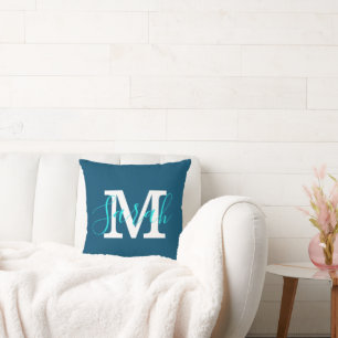 Minimalistisches Schriftmonogramm Name Blau & Türk Kissen
