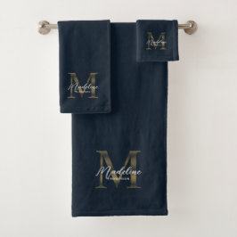 Minimalistisches Schriftzug Navy Blau Metallic Gol Badhandtuch Set