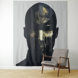 Minimalistisches Schwarz/Gold Abstraktes Portrait Wandteppich
