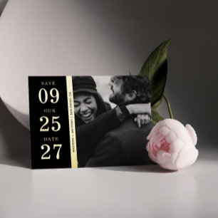 Minimalistisches Schwarz-Gold-Foto Hochzeit Save T Folieneinladung