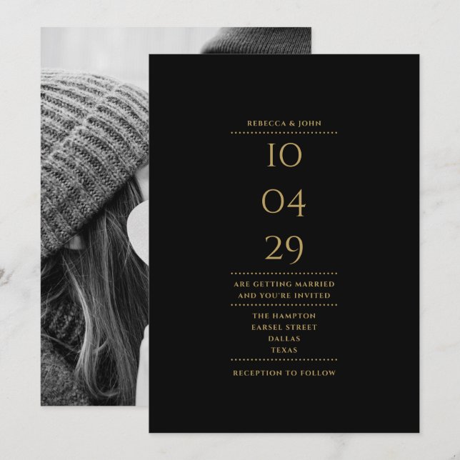 Minimalistisches Schwarz-Gold-Foto-Hochzeitstag Einladung (Vorne/Hinten)