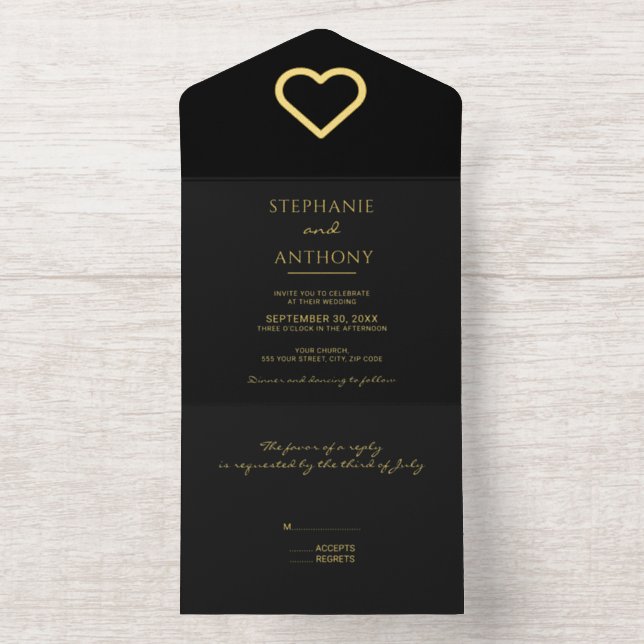 Minimalistisches Schwarz-Gold-Herz Moderne Hochzei All-in-One-Einladung (Innenseite)