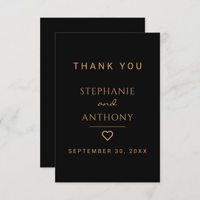 Minimalistisches Schwarz-Gold-Herz Moderne Hochzei Dankeskarte (Vorne/Hinten)