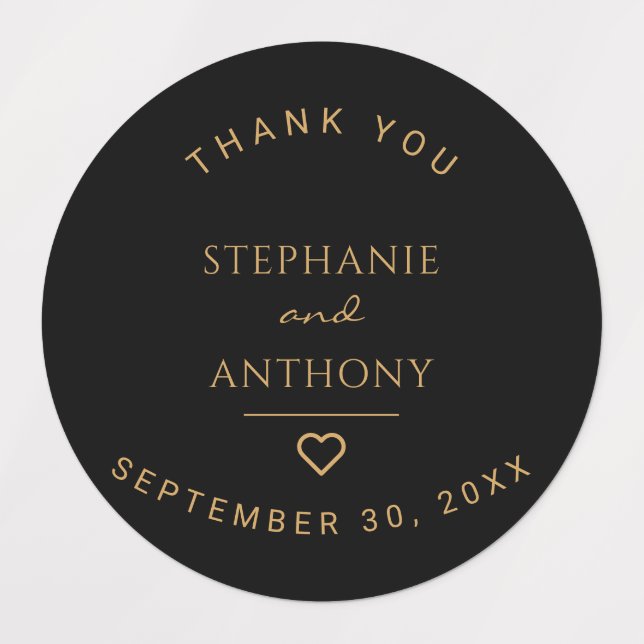 Minimalistisches Schwarz-Gold-Herz Moderne Hochzei Etiketten (Design 1)
