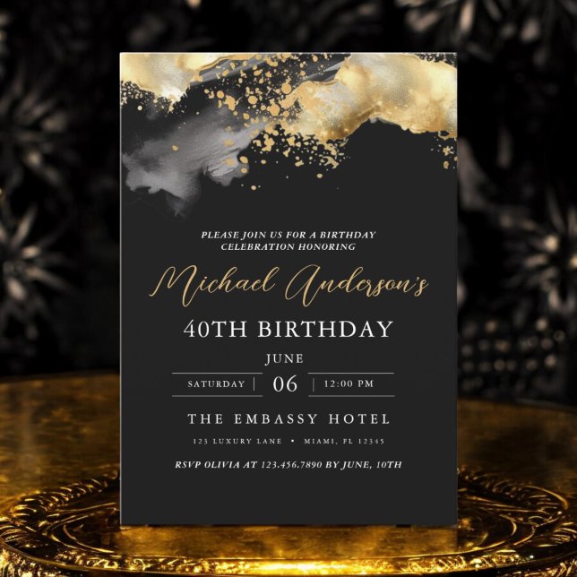 Minimalistisches Schwarz-Gold-Script 40. Geburtsta Einladung (Von Creator hochgeladen)