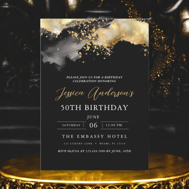 Minimalistisches Schwarz-Gold-Script 50. Geburtsta Einladung (Von Creator hochgeladen)