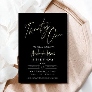 Minimalistisches Schwarz-Gold-Script am 21. Geburt Einladung