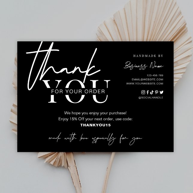 Minimalistisches Schwarz-Logo-Business-Paket Dankeskarte (Black thank you for order cards, modern simple design, perfect to add to your packages)
