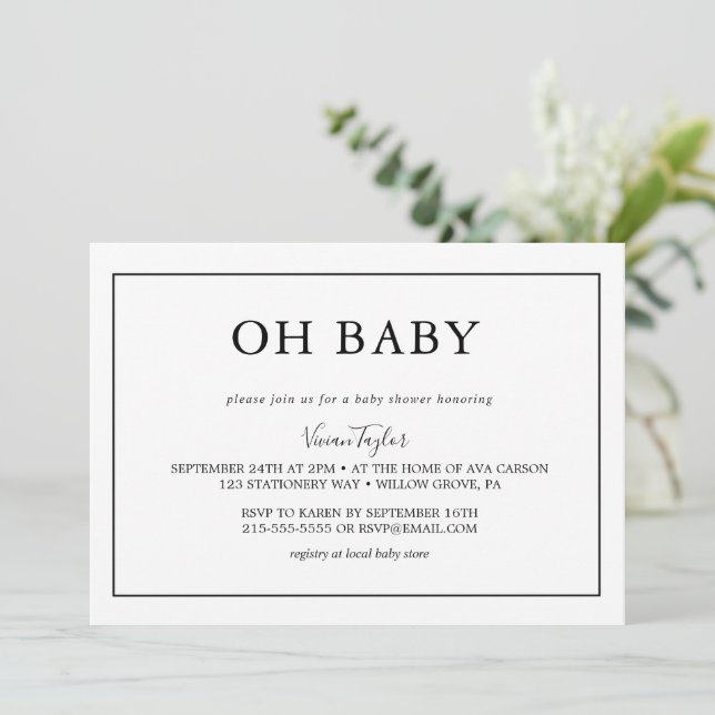 Minimalistisches Schwarz | Oh Baby Shower Einladun Einladung (Stehend Vorderseite)