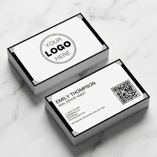 Minimalistisches Schwarz-Weiß-Art-Deco-Logo- QR-Co Visitenkarte