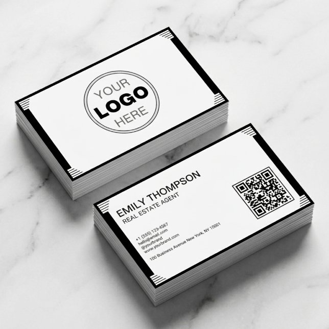 Minimalistisches Schwarz-Weiß-Art-Deco-Logo- QR-Co Visitenkarte (Modern Minimalist Real Estate Business Card with QR Code | Art Deco Branding)