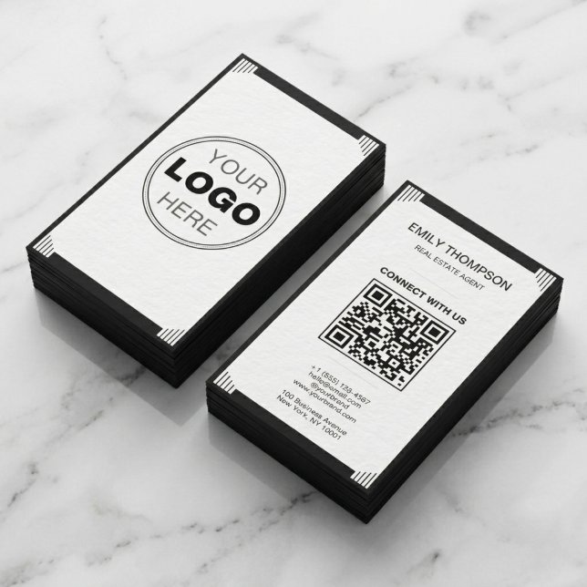 Minimalistisches Schwarz-Weiß-Art-Deco-Logo-QR-Cod Visitenkarte (Modern Art Deco QR Code Business Card | Minimalist Black & White Branding)
