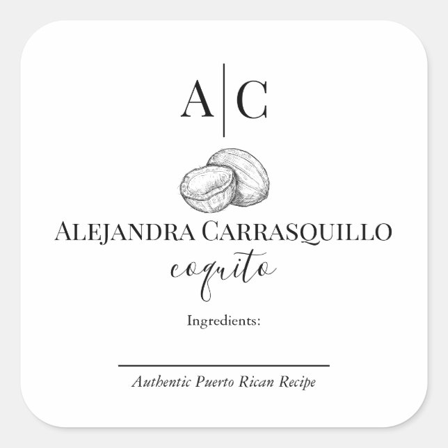 Minimalistisches Schwarz-Weiß-Coquito-Flaschenetik Quadratischer Aufkleber (Vorderseite)