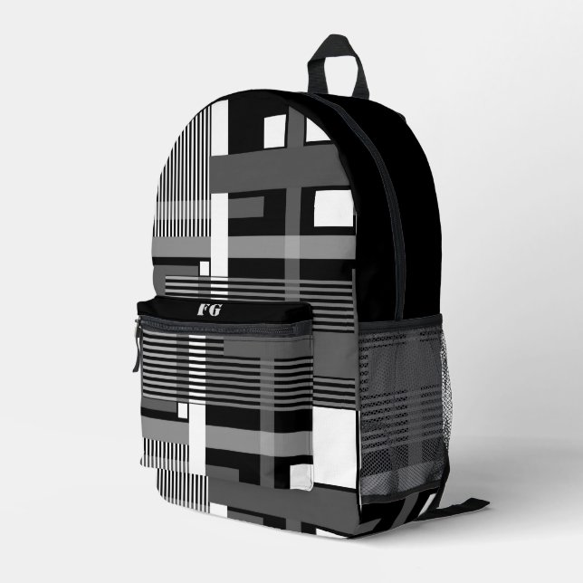 Minimalistisches Schwarz-weiß-graues geometrisches Bedruckter Rucksack (Rückseitige Ecke Rechts)