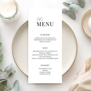 Minimalistisches Schwarz-Weiß-Hochzeitsmenü Menükarte