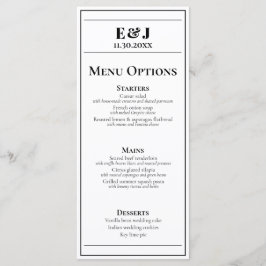 Minimalistisches Schwarz-Weiß-Hochzeitsmenü Menükarte