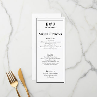Minimalistisches Schwarz-Weiß-Hochzeitsmenü Menükarte