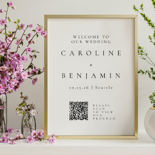 Minimalistisches Schwarz-Weiß-Hochzeitsprogramm QR Poster
