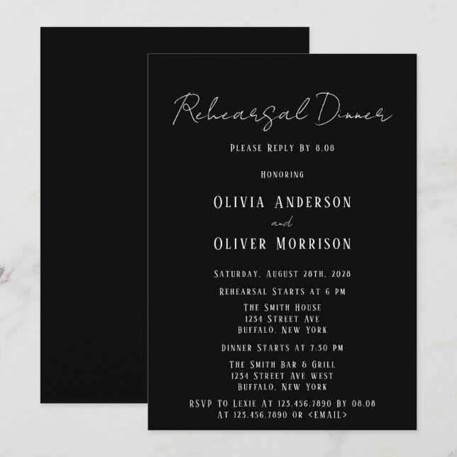 Minimalistisches Schwarz-Weiß-Krawatte-Probe Abend Einladung (Vorne/Hinten)