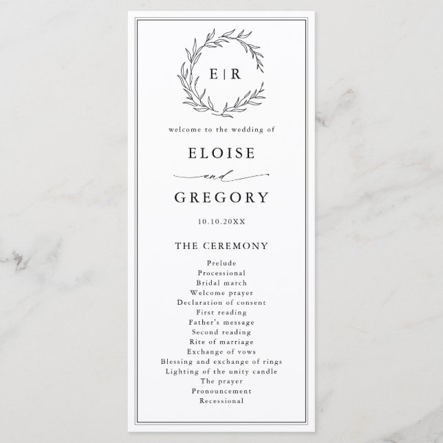 Minimalistisches Schwarz-Weiß-Leaf Moderne Hochzei Programm (Vorderseite)