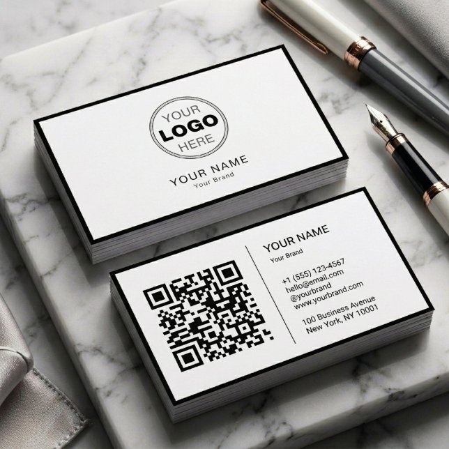 Minimalistisches Schwarz-Weiß-Modernes QR-Code-Log Visitenkarte (Modern Minimalist Black & White QR Code Business Card)