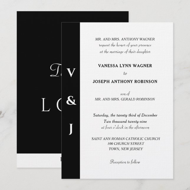 Minimalistisches Schwarz-Weiß-Monogramm Einladung (Vorne/Hinten)