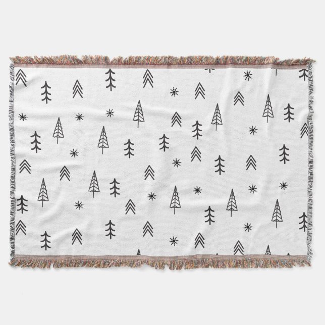 Minimalistisches Schwarz-Weiß-Winterwaldmuster Decke (Vorderseite)