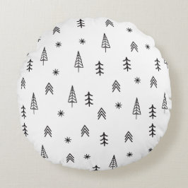 Minimalistisches Schwarz-Weiß-Winterwaldmuster Rundes Kissen