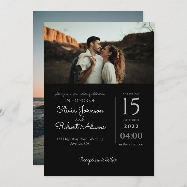 Minimalistisches Schwarz-weißes Foto Einladung zur (Vorne/Hinten)