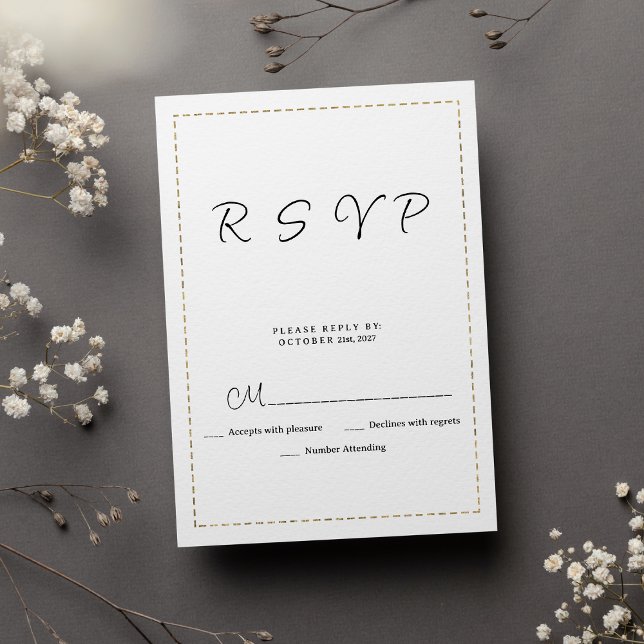 Minimalistisches Schwarz-weißes Goldgestricheltes  RSVP Karte (Minimalist black white gold dashed line RSVP)