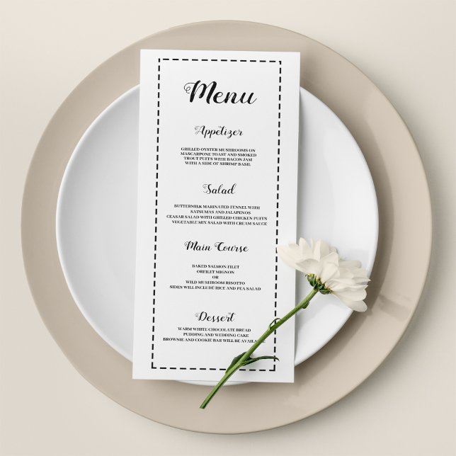 Minimalistisches Schwarz-weißes Hochzeitmenü Programm (Minimalist black white calligraphy Wedding Menu )