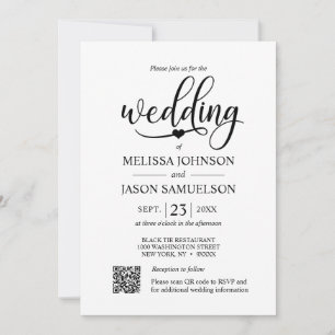Minimalistisches Schwarz-weißes Hochzeitsherz QR Einladung